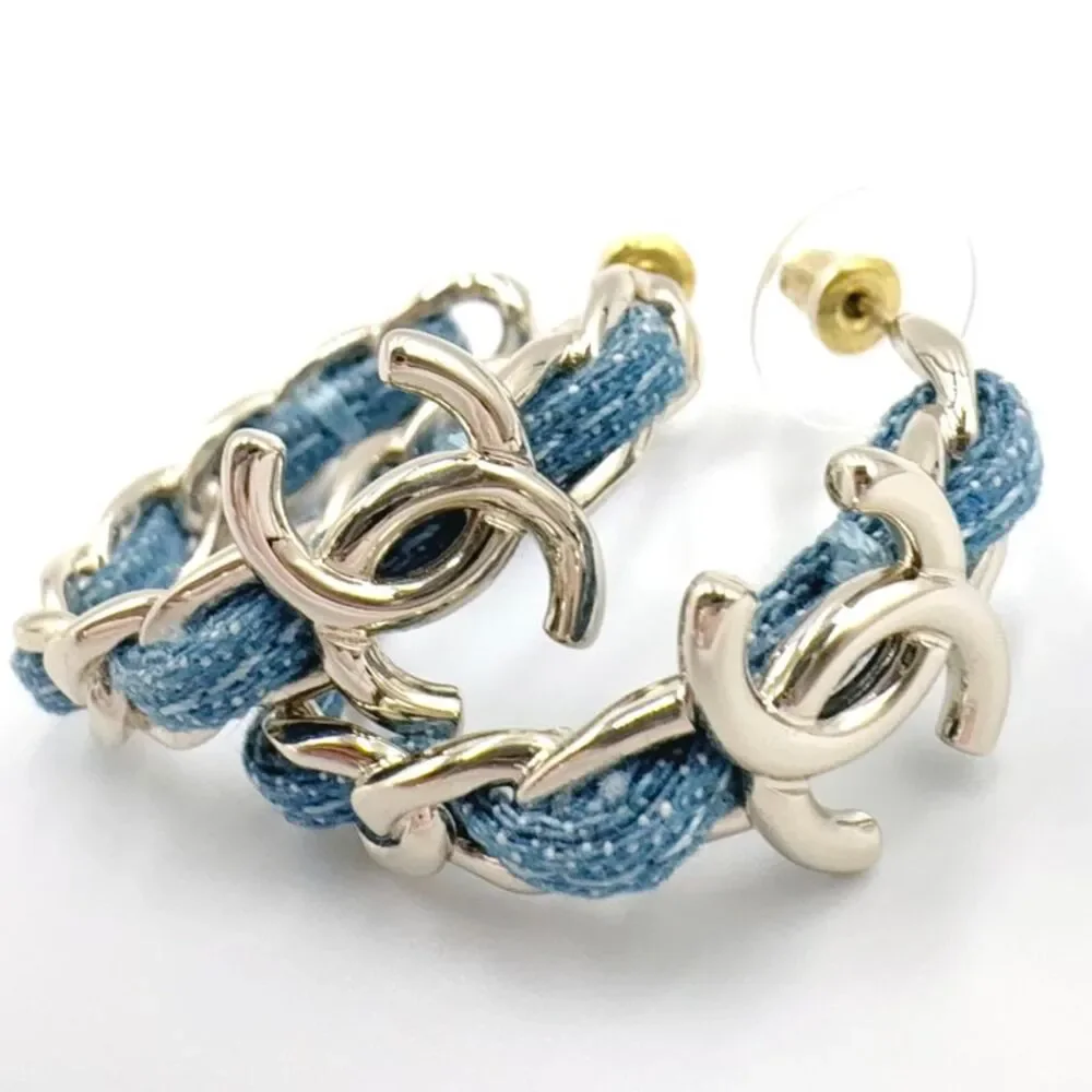 Chanel CC Logo Hoop Earrings Silver Blue
